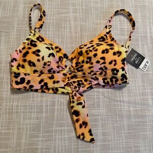 Bar III Womens Leopard Print O-Ring Tie Front Bikini Top Orange Pink Yellow M